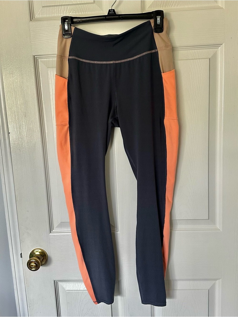 AVIA Color-block Athletic Leggings in Charcoal Grey, Coral & Tan, Yoga, Running